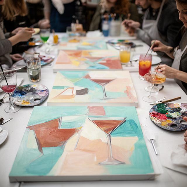 Abstract cocktail-inspired paintings in pastel teal and terracotta at a social art event