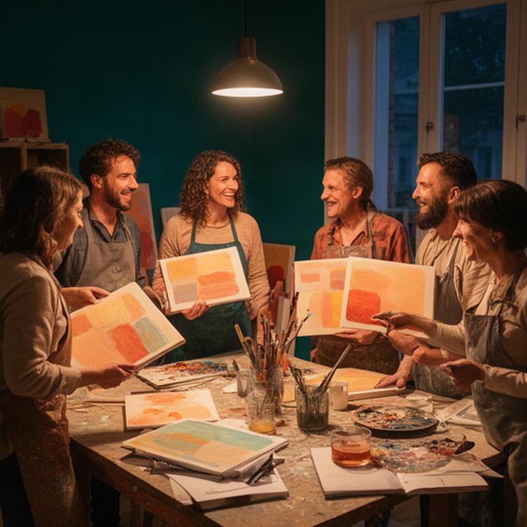 Small group of adult students sharing paintings during an evening workshop