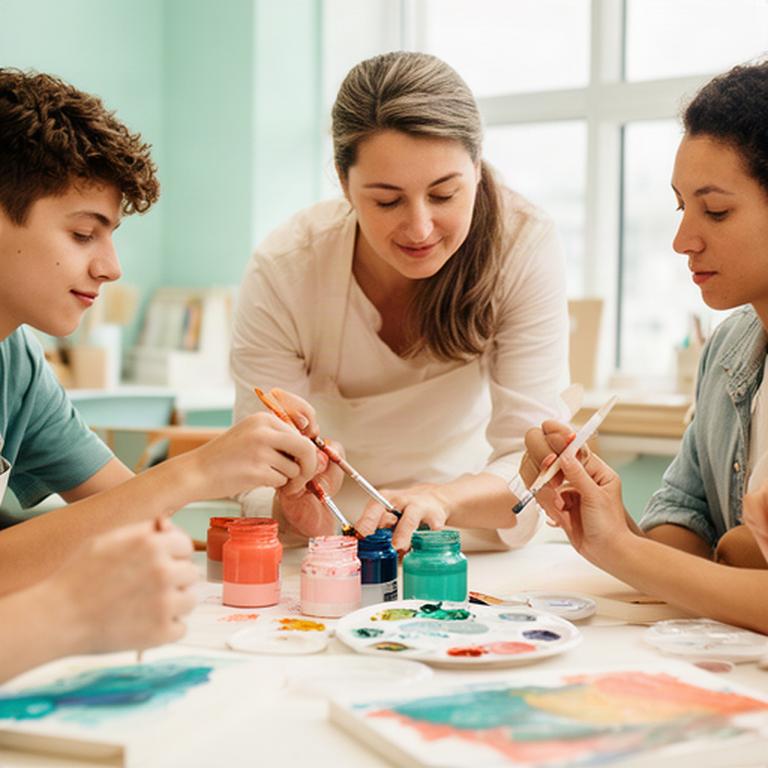 Art instructor Maeve guiding a parent and teen through colour mixing at an Ateliera Studio table