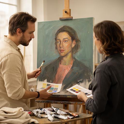 Artist and tutor discussing colour notes beside a partially finished portrait