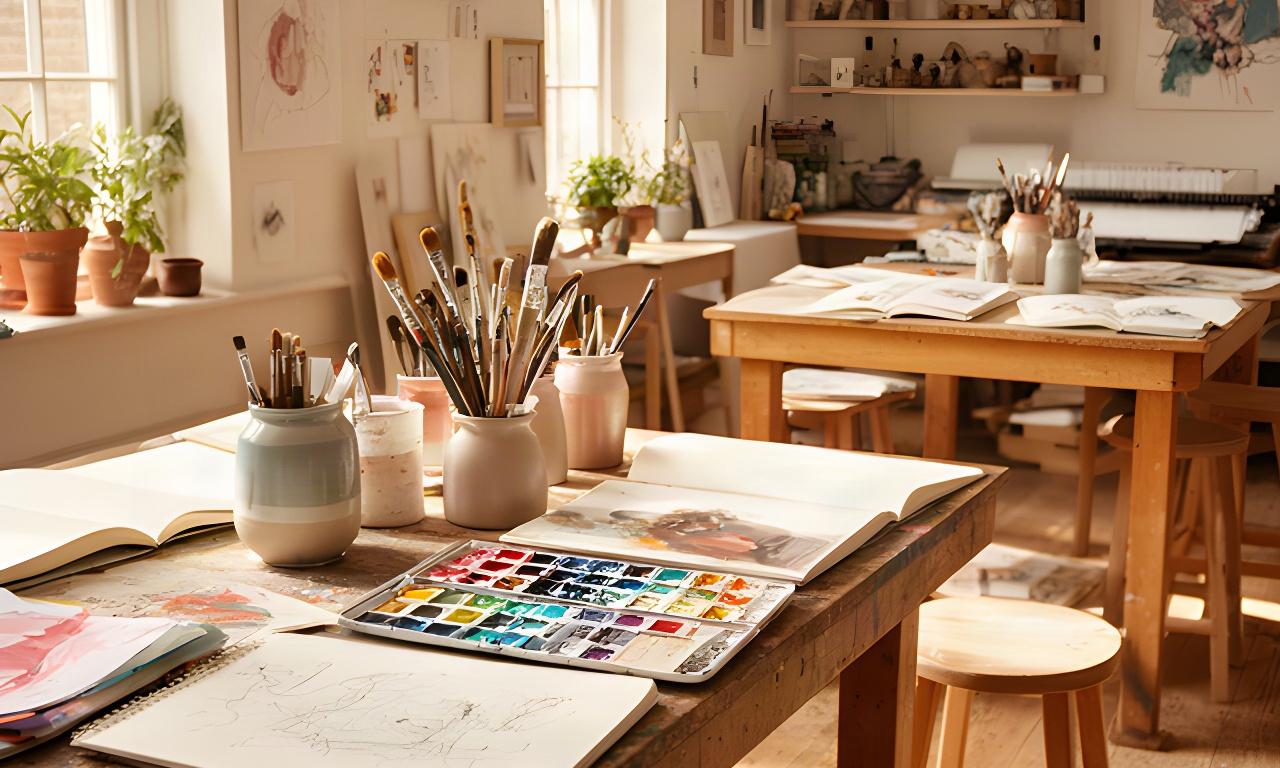 Warm Ateliera Studio interior with paintbrushes, watercolour palettes and open sketchbooks