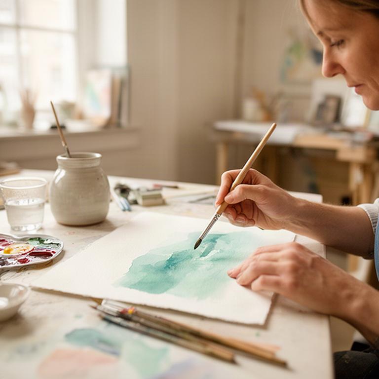 Adult beginner painting a soft watercolour study at a bright Dublin studio table