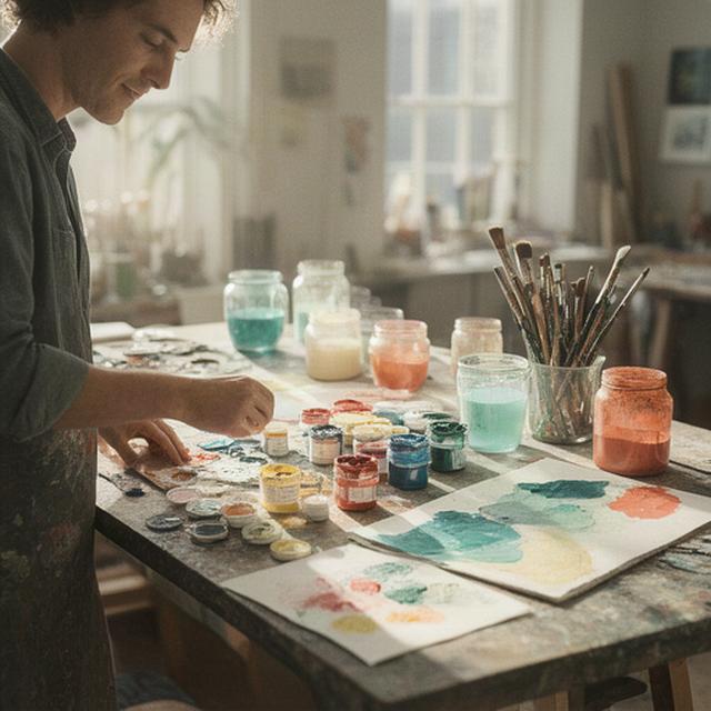 Artist choosing paint colours beside a sunlit Dublin studio table