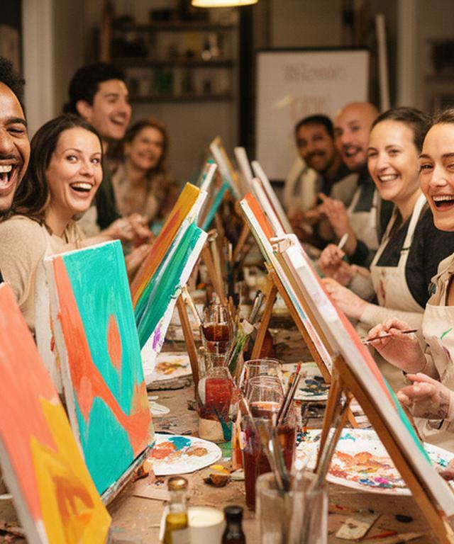 Guests laughing beside colourful canvases at an Ateliera Studio social painting table