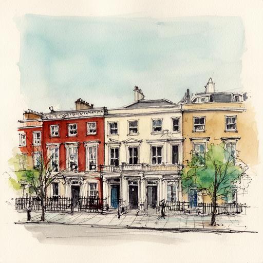 Loose ink and watercolour study of Dublin Georgian terraces under a pale sky