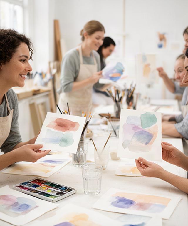 Employees comparing gentle watercolour paintings during a wellbeing workshop