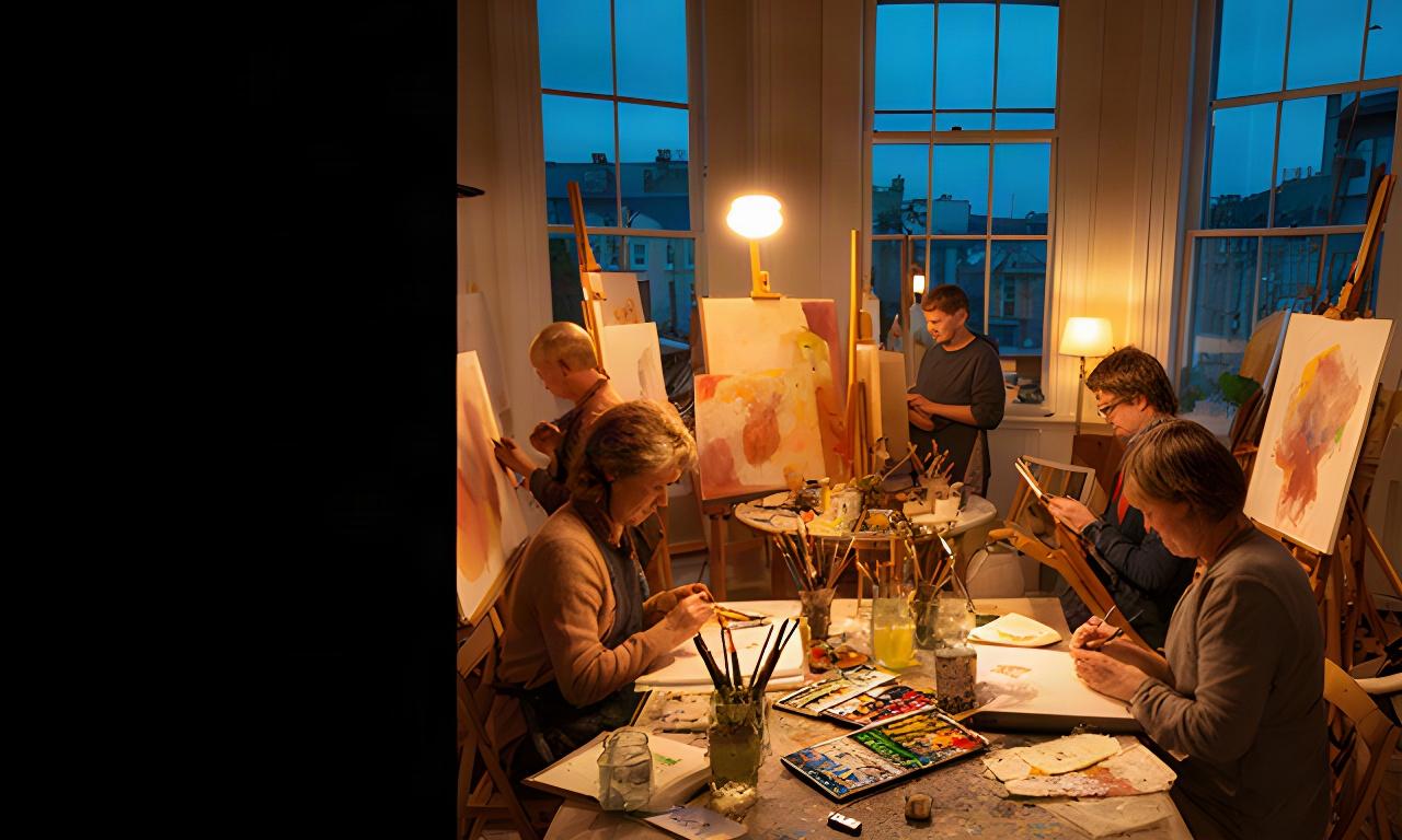 Warmly lit Dublin painting studio at dusk with easels, watercolour palettes and adults settling in for an evening class