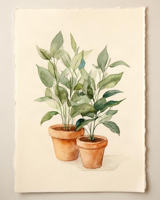 Student watercolour painting of green leaves and terracotta pots made during an evening Dublin workshop
