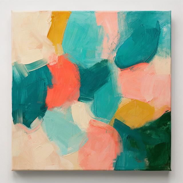 Colourful abstract family canvas with layered teal, coral, and ochre brushstrokes