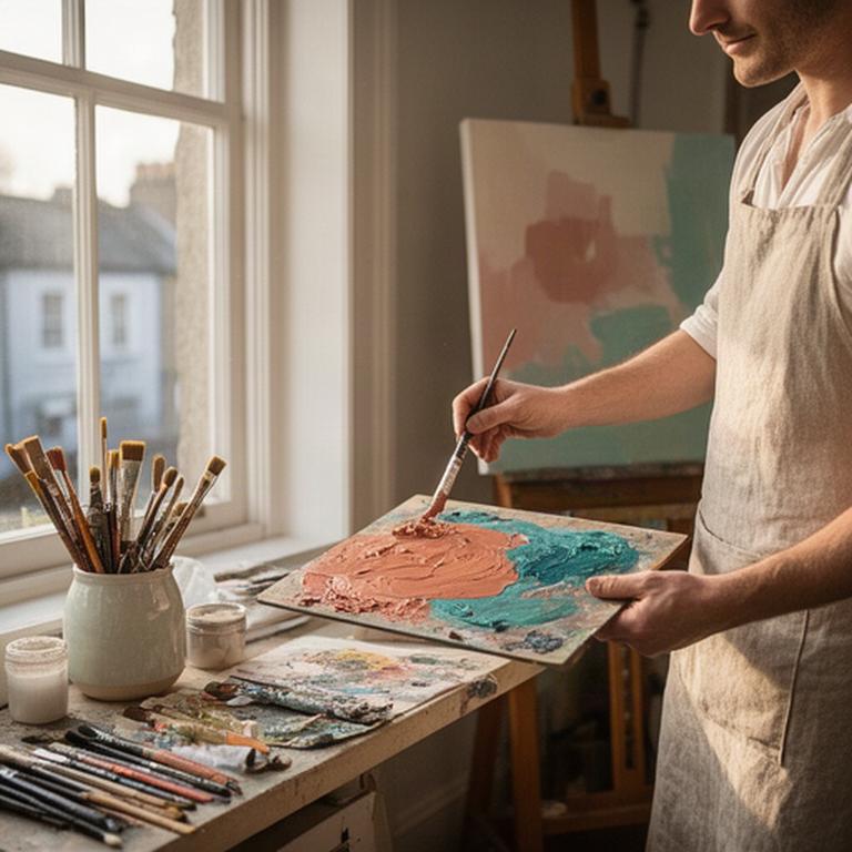 Painter mixing soft terracotta and teal paint beside a sunlit Dublin studio window