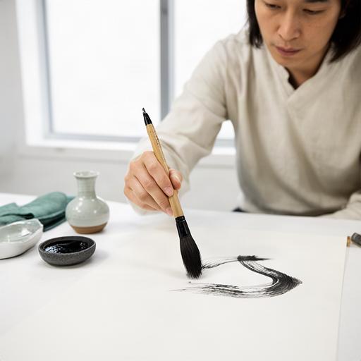 Japanese ink painting tutor demonstrating a controlled brushstroke at a bright studio table