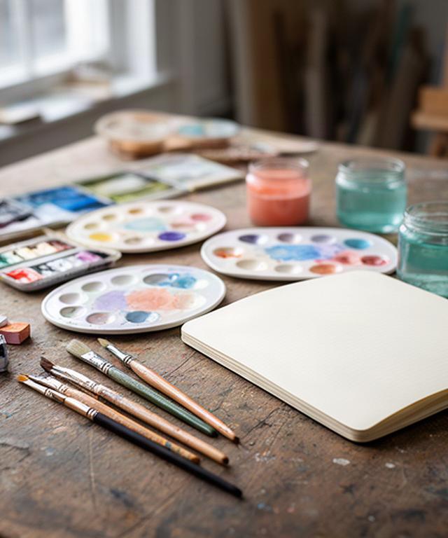 Soft paintbrushes, pastel watercolours and an open journal on a wooden table in a calm Dublin art studio