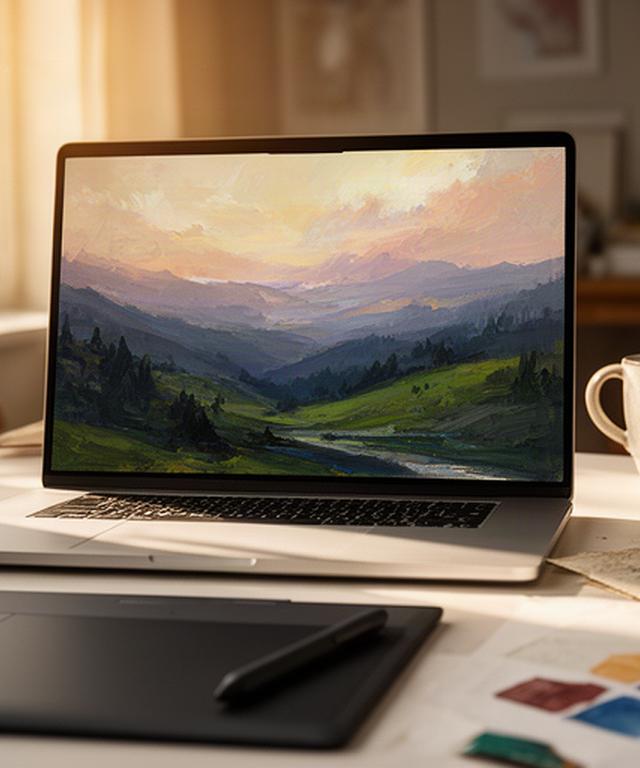 Painterly digital landscape displayed on a laptop in a home studio