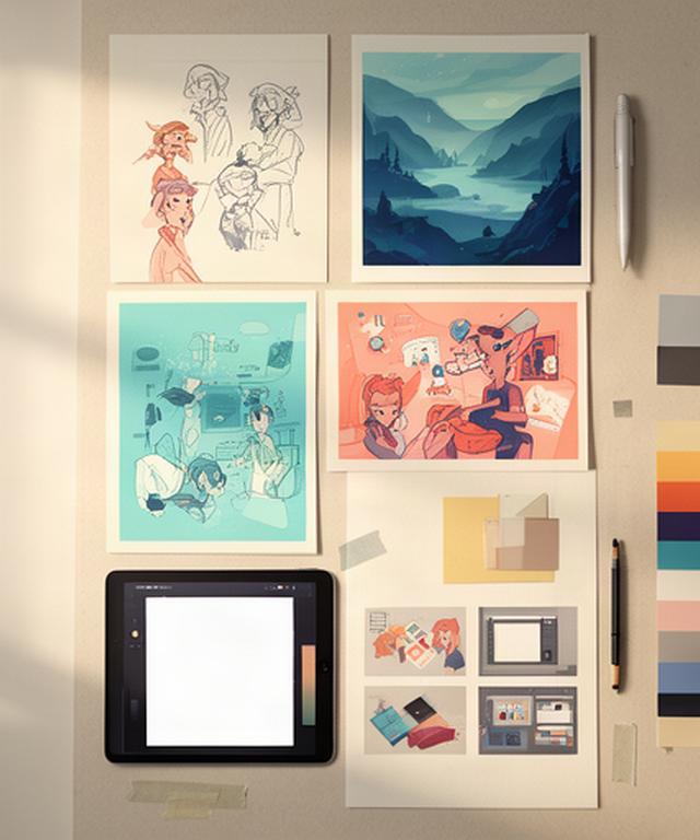 Digital art portfolio board showing selected illustrations and project notes