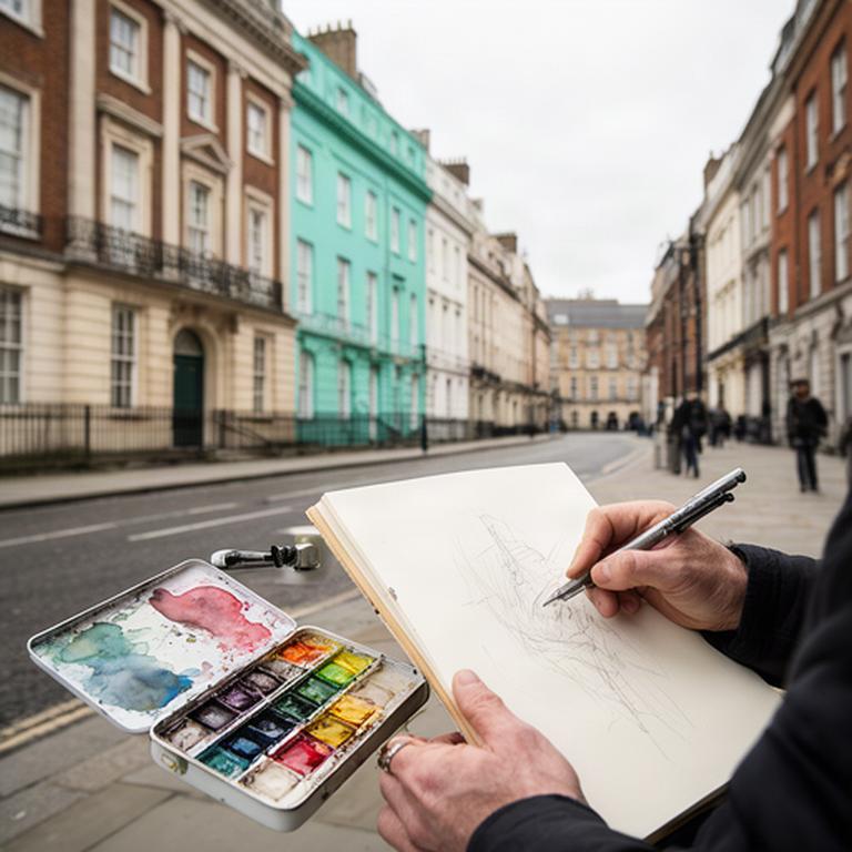 Artist sketching Georgian architecture on a Dublin street with watercolour pans and an ink pen