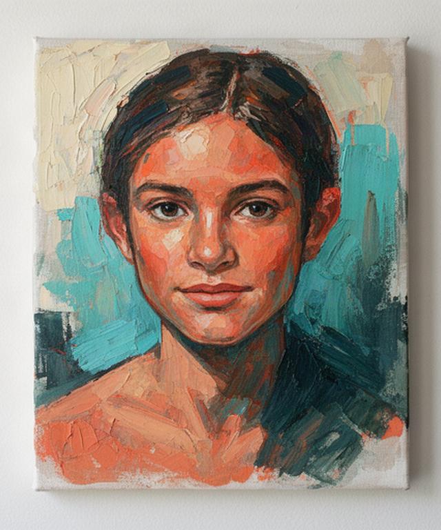 Student acrylic portrait with warm terracotta and teal brushwork