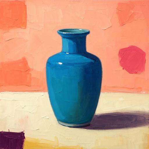 Textured acrylic still life with a blue vase and warm peach background