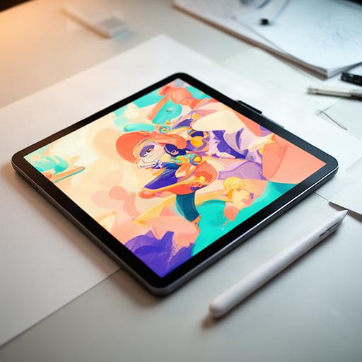 Colourful digital illustration displayed on a tablet beside a stylus