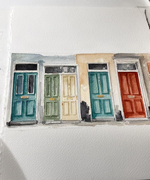 Student watercolour study of Dublin doors on textured paper