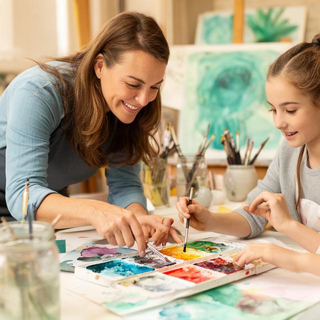Warm supportive art instructor Aoife Byrne helping a beginner mix watercolour in a Dublin studio
