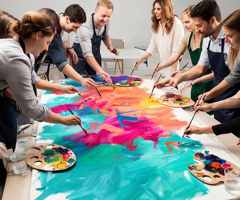 Corporate team adding colourful brushstrokes to a large collaborative canvas